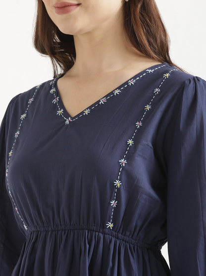 SUTRA Navy Blue Handwork Cotton Short Top