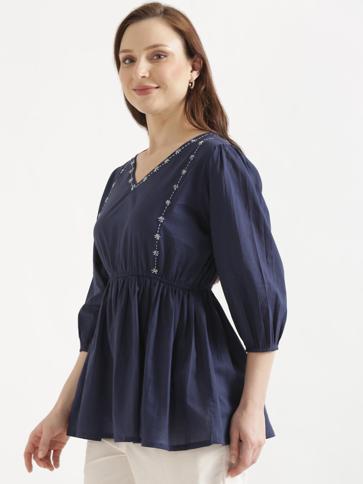 SUTRA Navy Blue Handwork Cotton Short Top