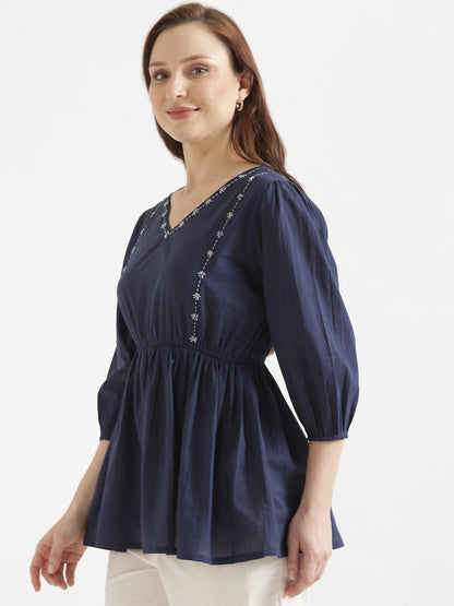 SUTRA Navy Blue Handwork Cotton Short Top