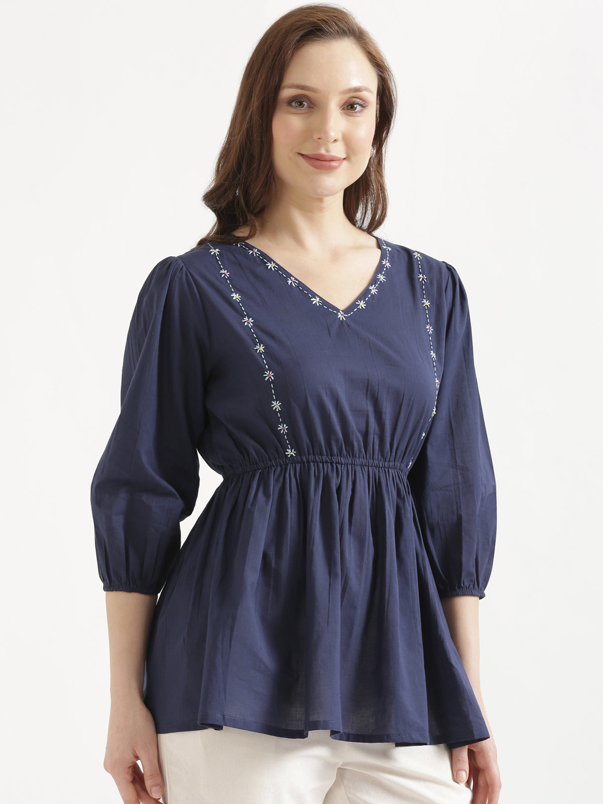 SUTRA Navy Blue Handwork Cotton Short Top