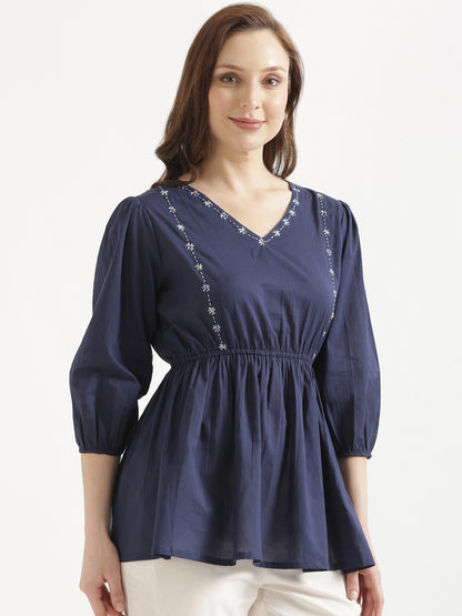 SUTRA Navy Blue Handwork Cotton Short Top