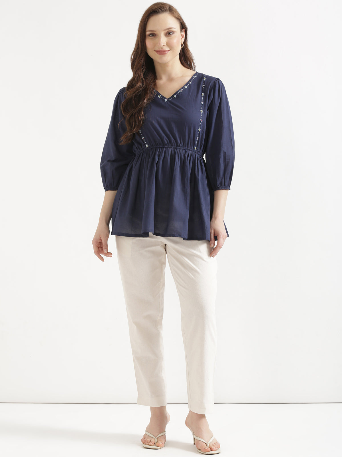 SUTRA Navy Blue Handwork Cotton Short Top