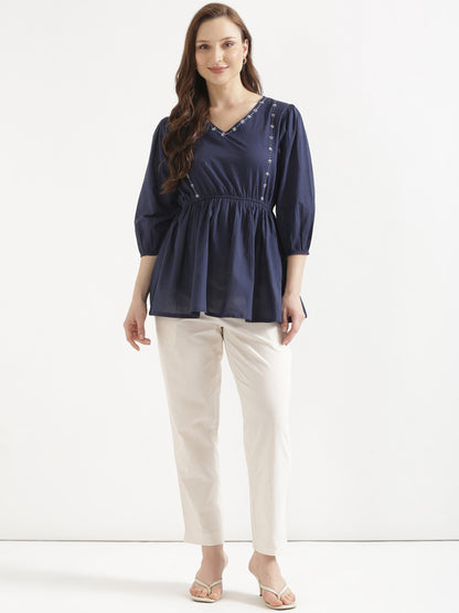 SUTRA Navy Blue Handwork Cotton Short Top