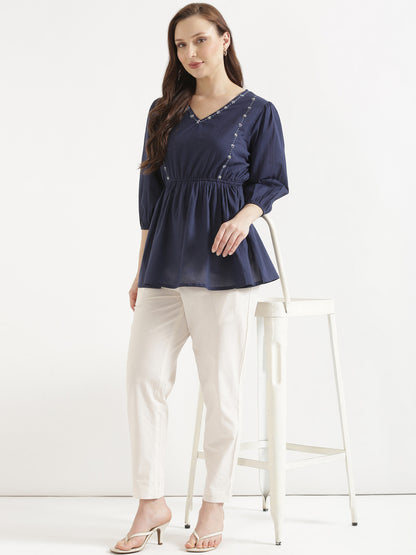 SUTRA Navy Blue Handwork Cotton Short Top