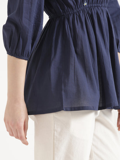 SUTRA Navy Blue Handwork Cotton Short Top