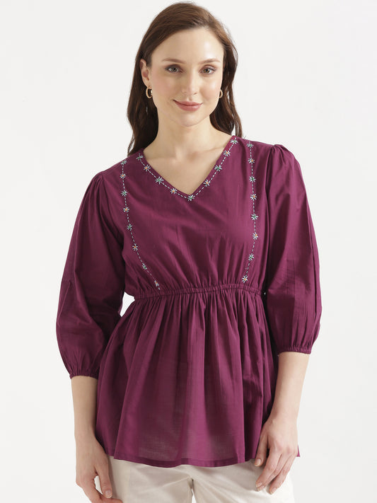 SUTRA Wine Handwork Cotton Short Top