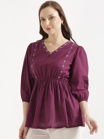 SUTRA Wine Handwork Cotton Short Top