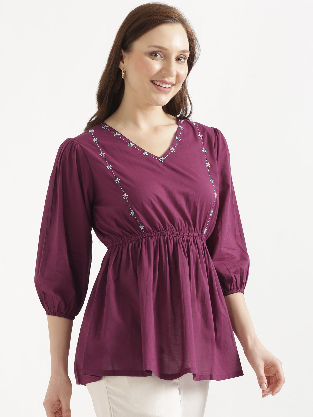 SUTRA Wine Handwork Cotton Short Top