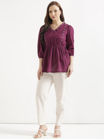 SUTRA Wine Handwork Cotton Short Top