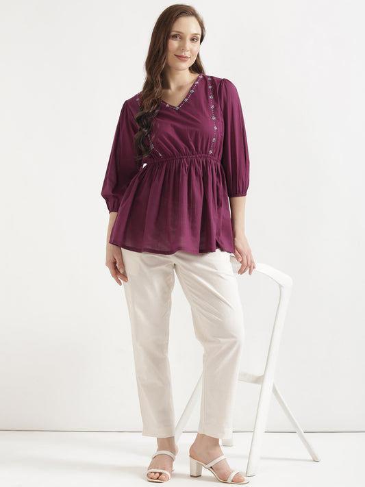 SUTRA Wine Handwork Cotton Short Top