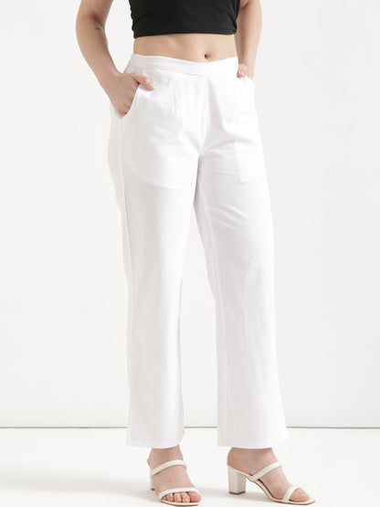 Women White Wide Leg Cotton Pant