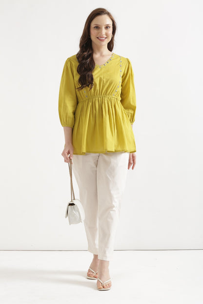 SUTRA Lemon Yellow Handwork Cotton Short Top