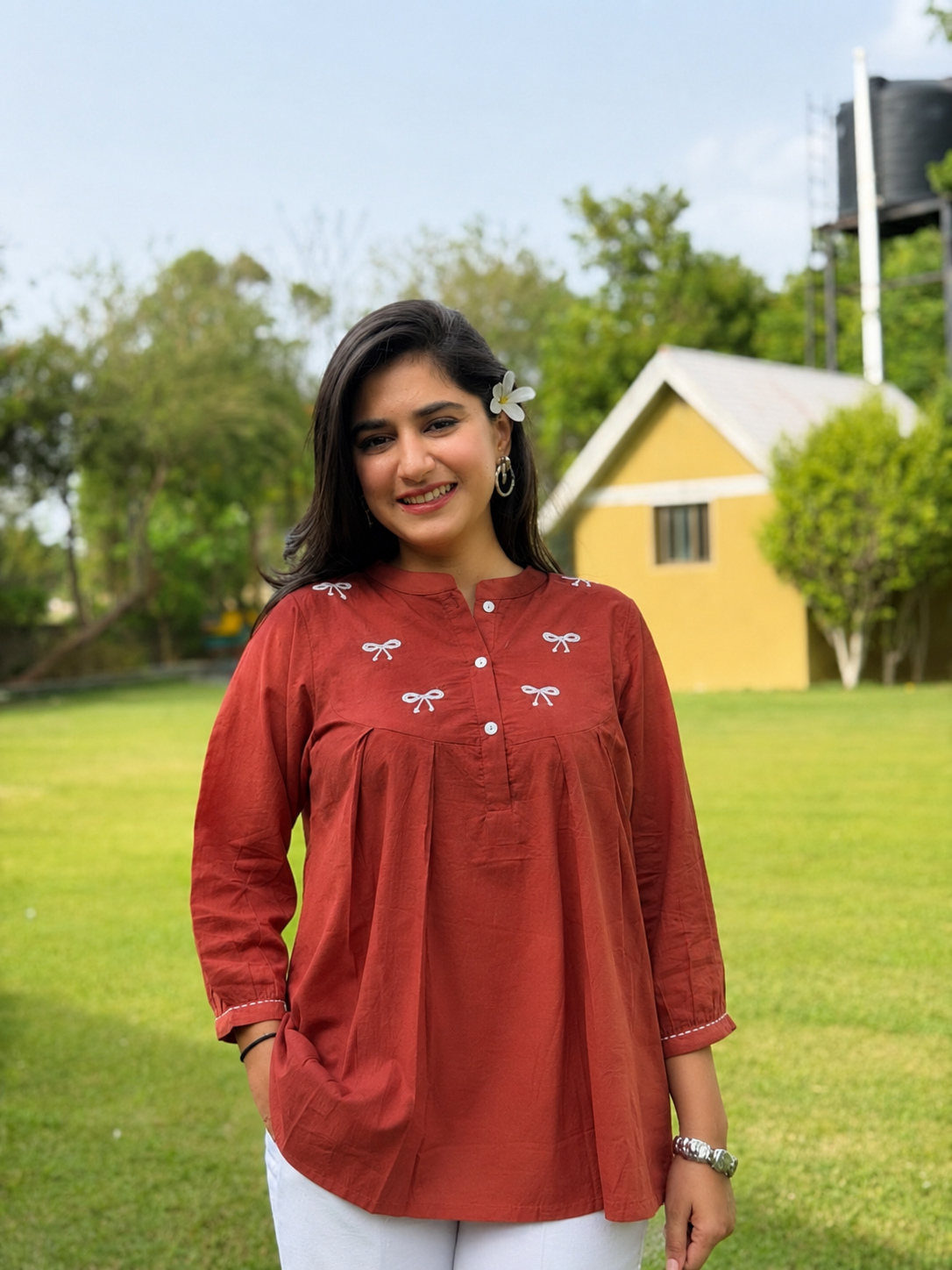 AVIRA Rust Brown Dori Work Cotton Short Top