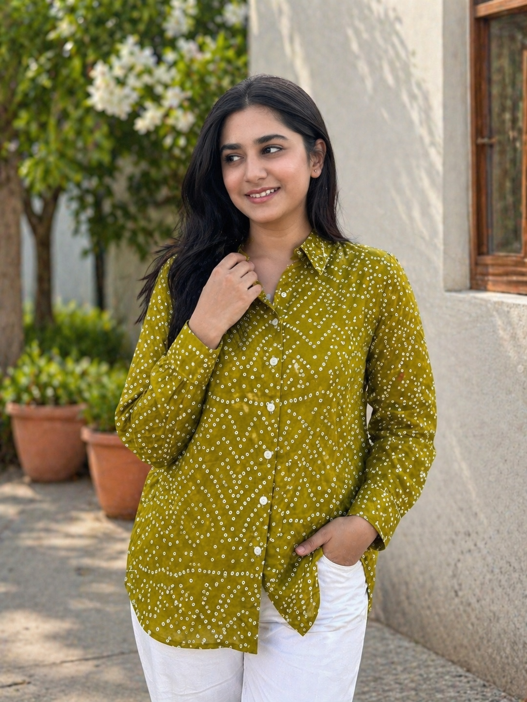 RIVA Heritage Mustard Bandhani Cotton Shirt